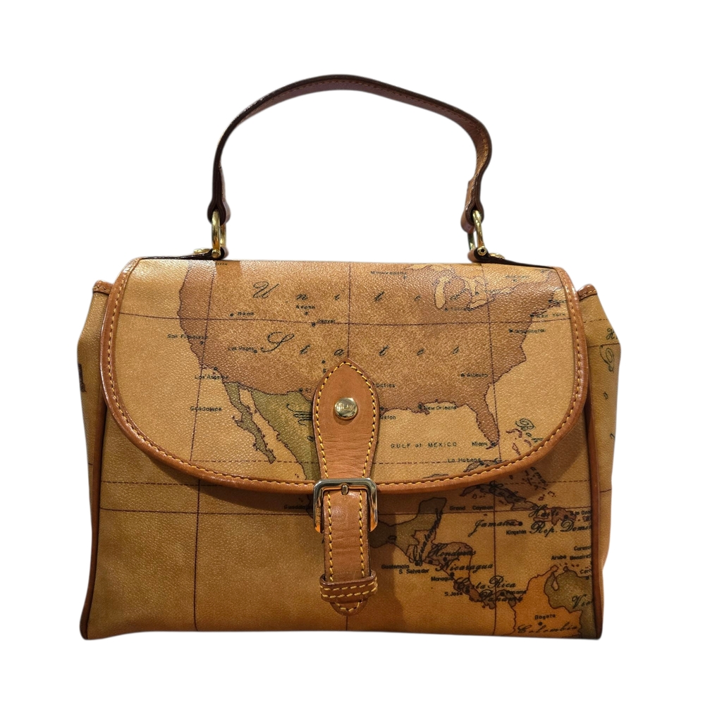 Alviero Martini Tan and Brown Satchel with Map Design